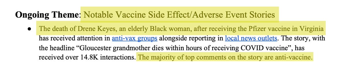 20.The Virality Project helped pioneer the gauging of “disinformation” by audience response. If the post-vaccine death of a black woman named Drene Keyes in Virginia went unnoticed inspired mostly “anti-vaccine” comments on local media, it became a “disinformation” event.