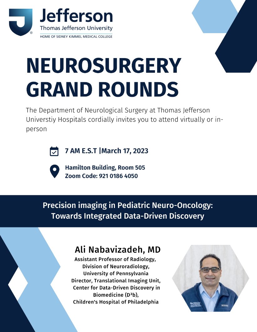 Ali Nabavizadeh (@ali_nabavizadeh) on Twitter photo It was a pleasure to present an overview of our imaging efforts @CBTNetwork at Neurosurgery grand rounds <a href="/TJUHNeurosurg/">Jefferson Neurosurgery</a>. Thank you for inviting me and I very much enjoyed the visit <a href="/ariamahtabfar/">Aria Mahtabfar</a> <a href="/NeuroOncRadio/">BrainTumorImagingResearchGroup</a> <a href="/PennRadiology/">Penn Radiology</a> <a href="/PennMDForum/">Penn Medicine MD</a> <a href="/CHOPRadiology/">CHOP Radiology</a> #radiomics #braintumor It was a pleasure to present an overview of our imaging efforts @CBTNetwork at Neurosurgery grand rounds <a href="/TJUHNeurosurg/">Jefferson Neurosurgery</a>. Thank you for inviting me and I very much enjoyed the visit <a href="/ariamahtabfar/">Aria Mahtabfar</a> <a href="/NeuroOncRadio/">BrainTumorImagingResearchGroup</a> <a href="/PennRadiology/">Penn Radiology</a> <a href="/PennMDForum/">Penn Medicine MD</a> <a href="/CHOPRadiology/">CHOP Radiology</a> #radiomics #braintumor