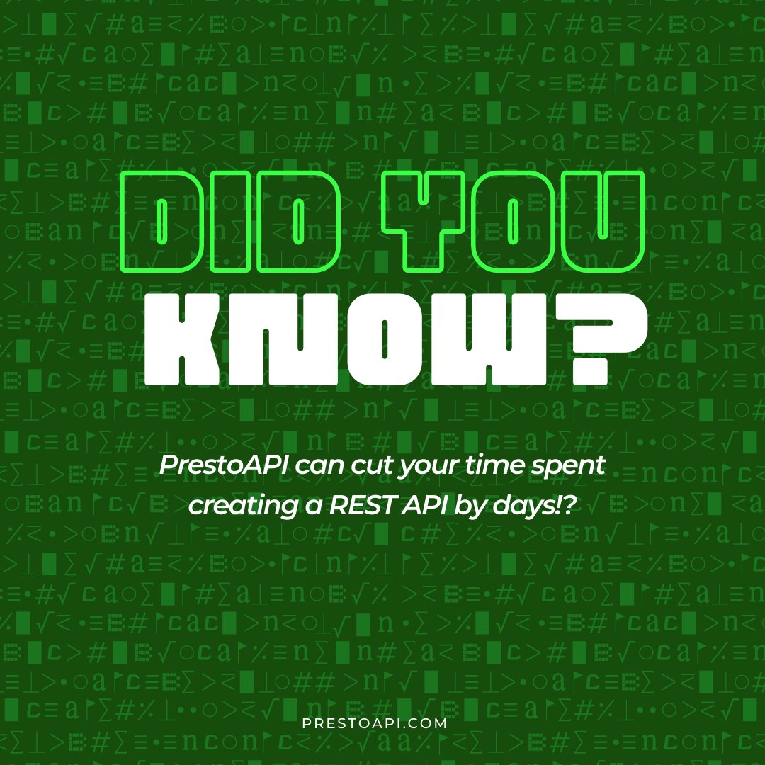 PrestoApi's tweet image. See why our users love PrestoAPI so much! Try for free at PrestoAPI.com and create a REST API under 10 minutes! ⏰

#frontenddev #backenddev #nocode #codingnewbie #codenewbie #nocodetool #codingtool #prestoapi #codingtips #restapi  #webdev #webdeveloper