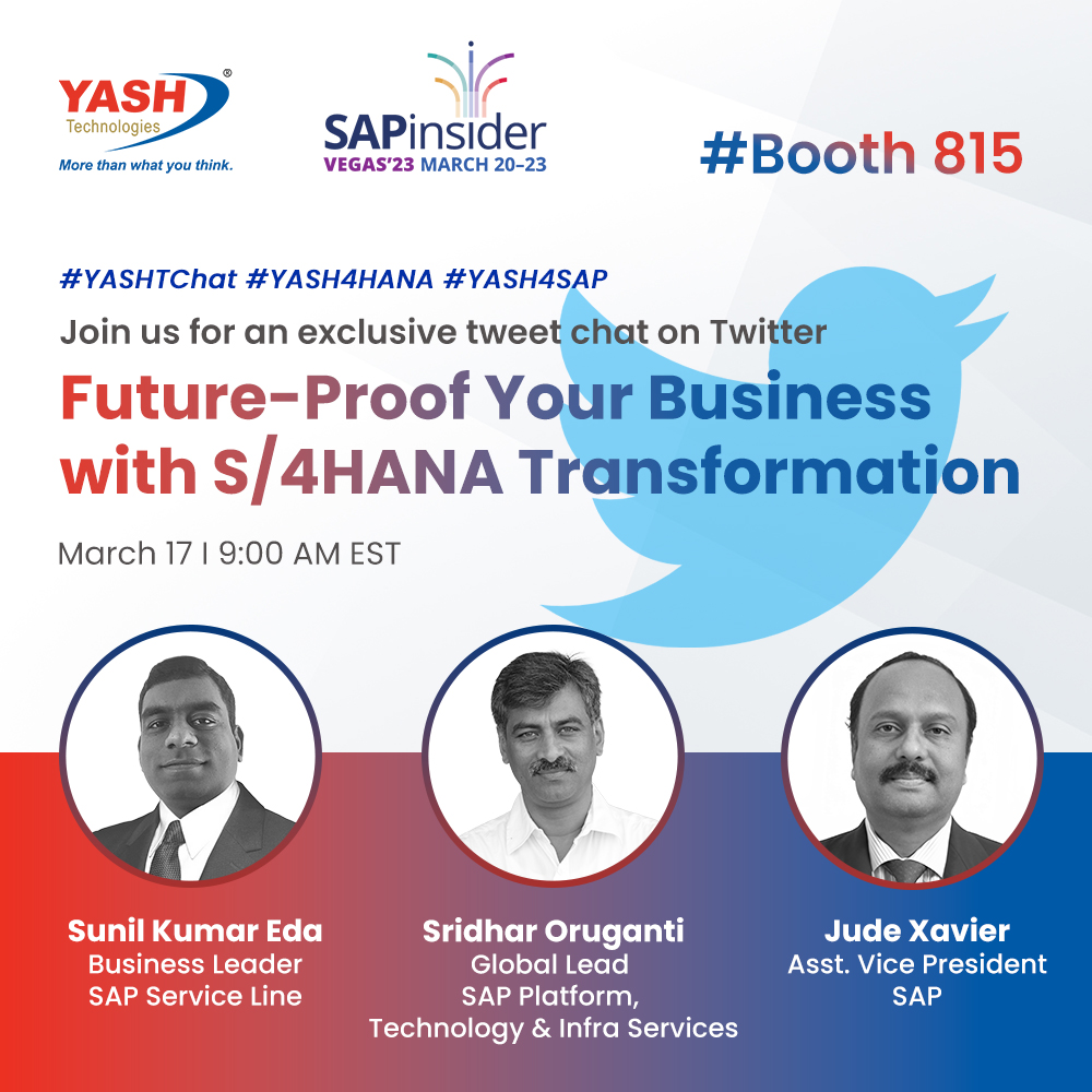 Head to your Twitter page now! <a href="/YASH_Tech/">YASH Technologies</a> host a #Tweetchat #YASHTTChat. Engage with us to learn how <a href="/SAP/">SAP</a> Technologies, like #SAPBTP, is helping clients drive successful #S4HANA projects.

#SAP #SAPinsider2023 #YASH4SAP #YASH4HANA <a href="/SAPinsider/">SAPinsider</a> <a href="/osridhar/">Sridhar</a> @sunnyeda <a href="/SAPCommunity/">SAP Community</a>