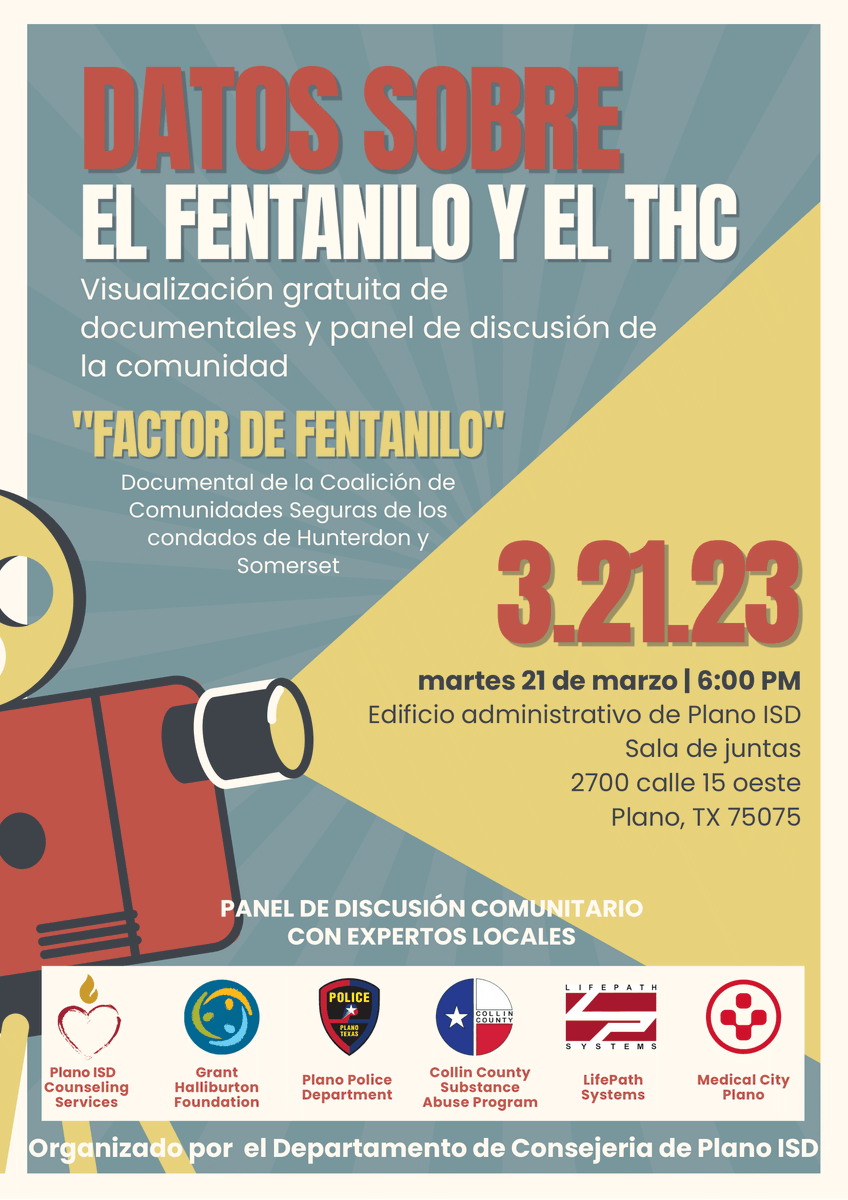 Plano_Schools's tweet photo. Join @Planocounselors for a free community event, Facts About Fentanyl and THC. The event begins with a viewing of the 18-minute documentary, "Fentanyl Factor", followed by a community panel discussion starting at 6 p.m. Tuesday, March 21 in the PISD Admin Building Board Room. https://t.co/ewe1qau87C