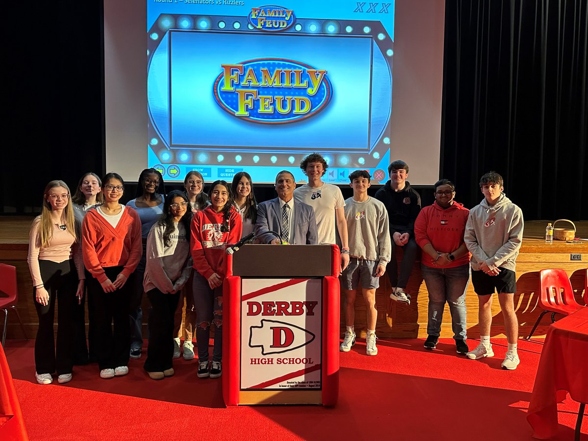 DreamBigDHS's tweet photo. HUGE shoutout to our NHS for organizing a great Family Feud event for their Group Service Project.  All proceeds will go to benefit the Derby Public Library.  Congrats to the winning team, The Rizzlers (Sophie, Sofia, Tre'vion and Ms. Shea)! @DerbyRedRaider  @RedRaiderCT https://t.co/Q7nnVAMTnZ