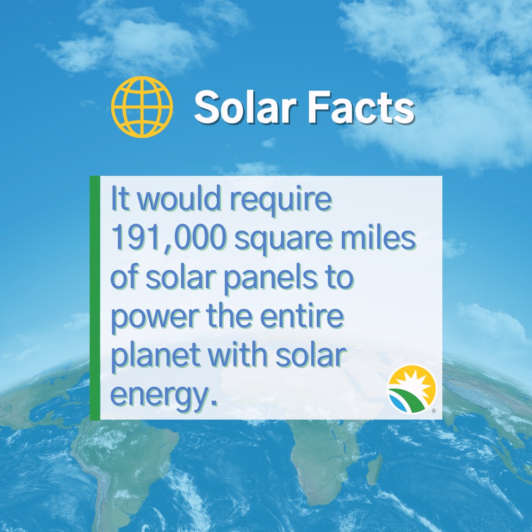 MCGreenBank's tweet photo. #DidYouKnow to power the whole earth with solar energy it would require 191,000 square miles of solar panels?
Thanks to #SolarFactFriday, now you do!
Thinking of going #solar? Visit our website, https://t.co/JGzkk1miZd, to learn more! #MontgomeryCounty. https://t.co/03hYpo5IrX