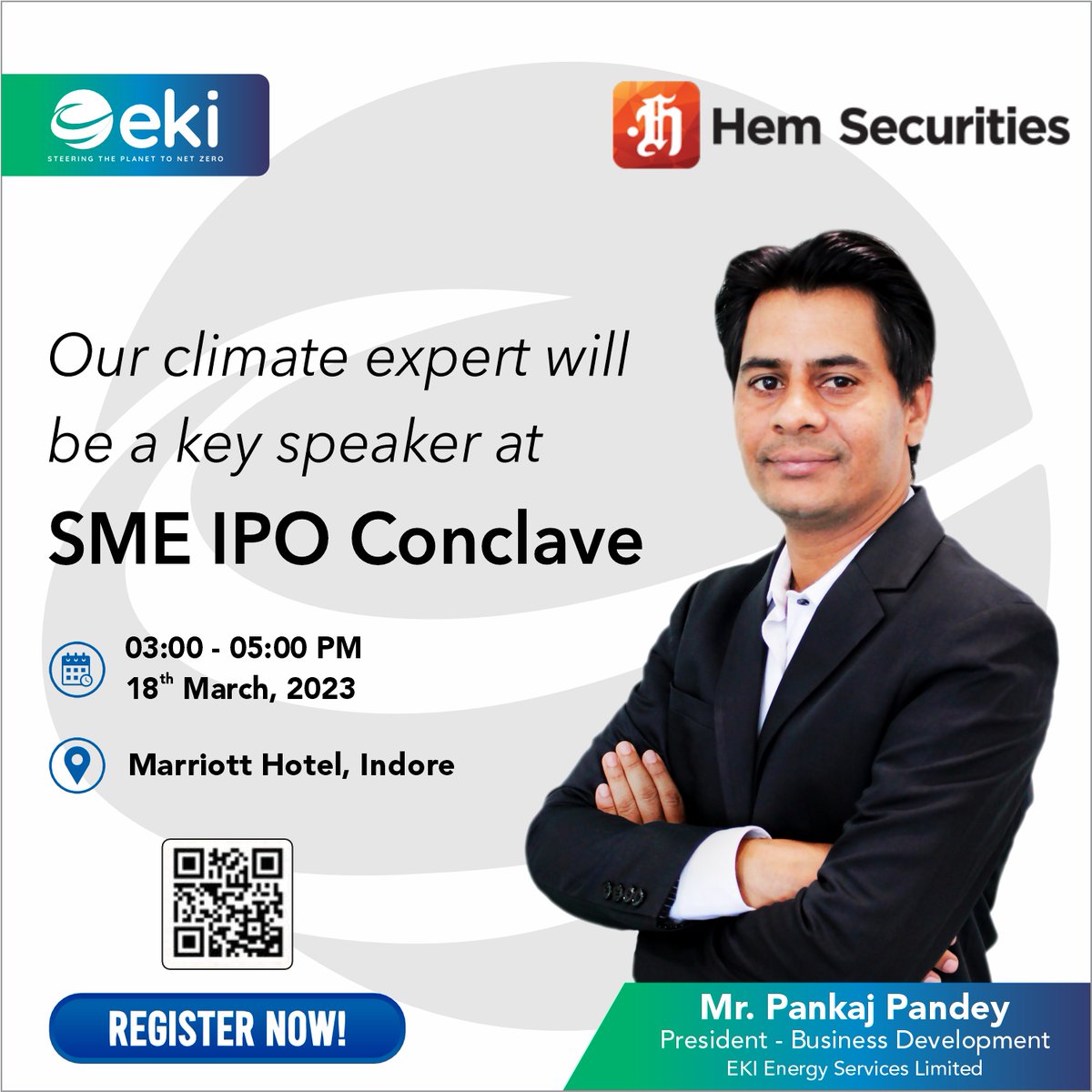 EKIEnergyEnking's tweet photo. EKI's climate expert Mr. Pankaj Pandey will be speaking at SME IPO Conclave to be held on 18th March in Indore.
#EKIEnergyServices #EKIEnergy #EnkingInternational #Enking #SMEIPOConclave https://t.co/rp7MAB2IYA