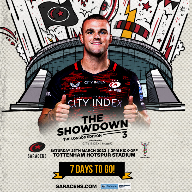 Saracens's tweet photo. 𝐎𝐍𝐄 𝐖𝐄𝐄𝐊 𝐓𝐎 𝐆𝐎!

We're 7️⃣  days from #TheShowdown3 🤩

#YourSaracens💫 | #ChallengeAccepted