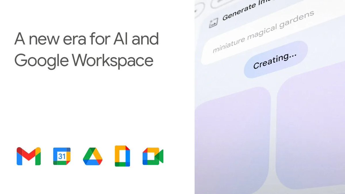 GoogleWorkspace's tweet photo. We’re bringing #GoogleWorkspace users the power of #GenAI to create, connect, and collaborate like never before. Take a peek at the first set of AI-powered writing features coming to Docs and Gmail 👉 
 https://t.co/qj9qpTFSR1 https://t.co/koZOU0nKtJ
