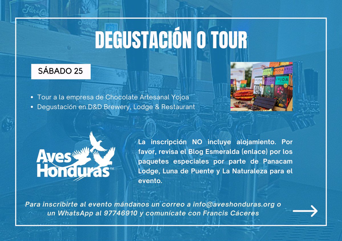 AvesHonduras's tweet photo. Al inscribirte al Encuentro Nacional Aves Honduras 2023 podrás disfrutar de actividades inolvidables. ¡No pierdas tu cupo, inscríbete ya! https://t.co/1aiX1TIDq9
#aveshonduras #aves #honduras #aviturismo #PANACAM #charlas https://t.co/HkicvYRtAQ