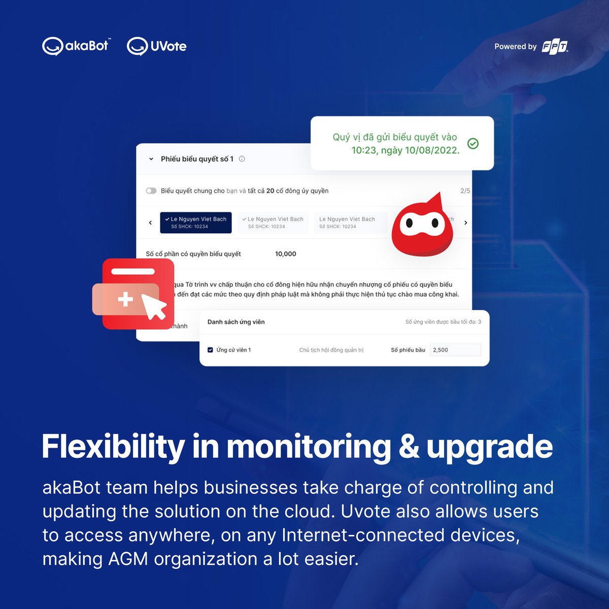 akaBot_FPT's tweet photo. Let us introduce UVote - your next-generation AGM organizing & voting solution to make the most important meeting of the year as perfect as it can be.
Level up the meeting & save effort with cutting-edge technology! https://t.co/oLrsulj3Nc
#akaBot #RPA #automation https://t.co/pE2EjgYQgP