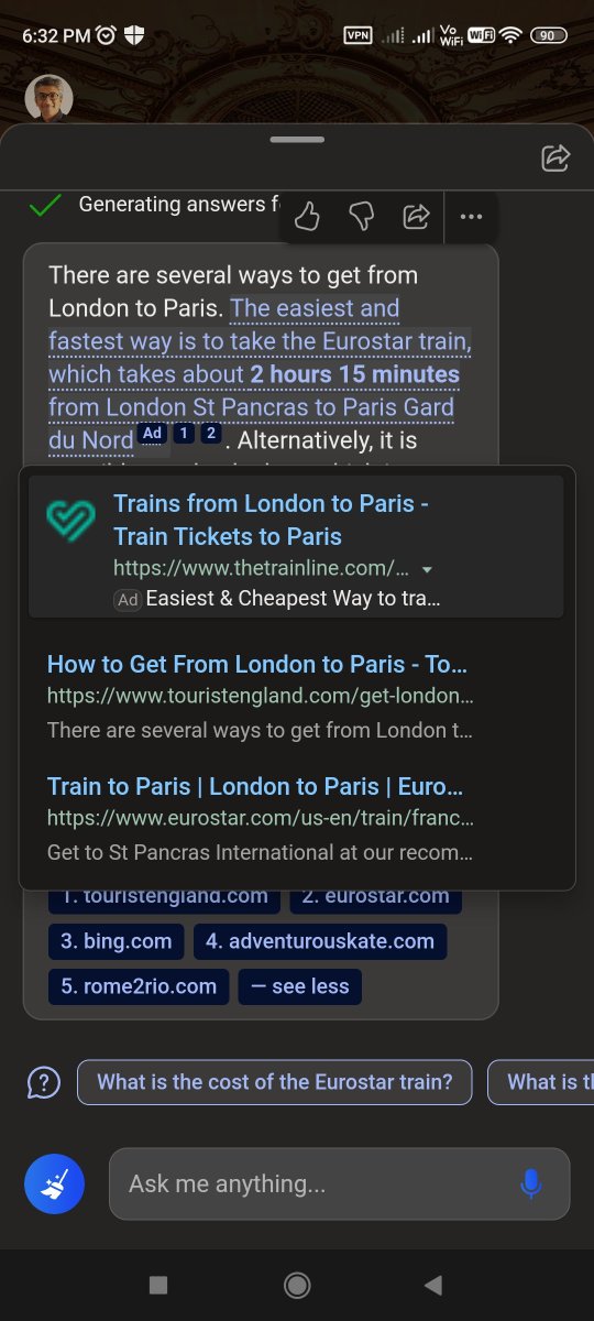 The hover experience with <a href="/bing/">Bing</a> chat on mobile seems tricky. I can't actually move my finger to tap on any of the links shown. If I do, the hover pane with links disappear. <a href="/MParakhin/">Mikhail Parakhin</a>