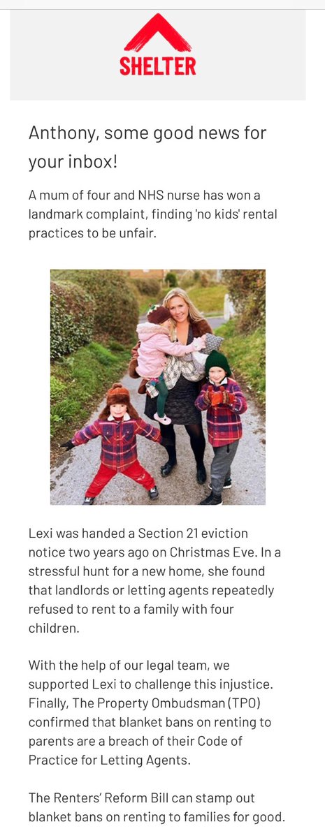 A mum of four and NHS nurse has won a landmark complaint, finding 'no kids' rental practices to be unfair. <a href="/Shelter/">Shelter</a>
