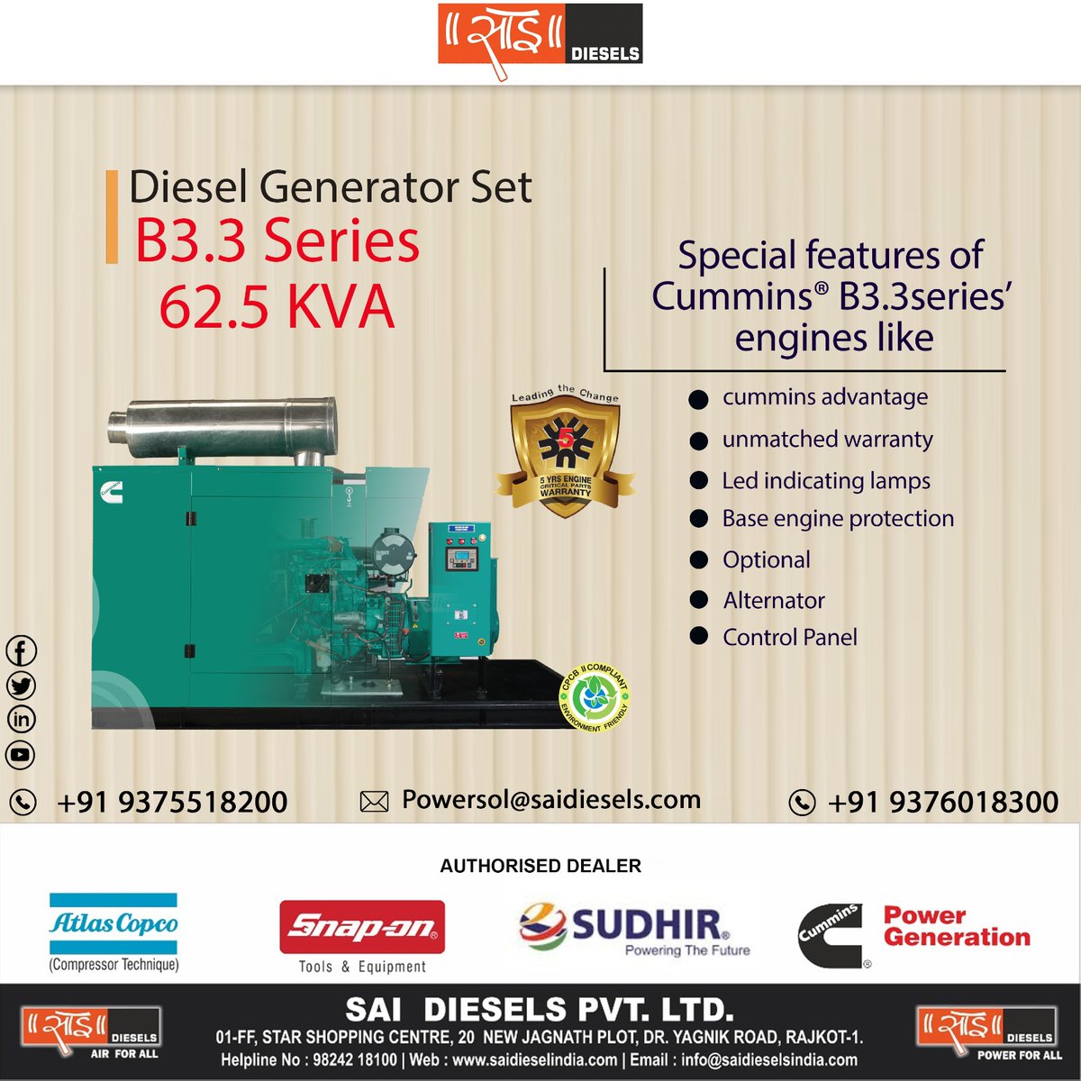 DieselsSai's tweet photo. Get assurance of uninterrupted power from our Genset for all your events.

#sai #saidiesels #dieselgenerator #generatorservices #snapon #atlascopco #generatorpower #generatormaintenance #generatorsales #PowerBackup #powersolutions #YAGNIKROAD #rajkot #Gujarat https://t.co/DsU0V2w2Xu