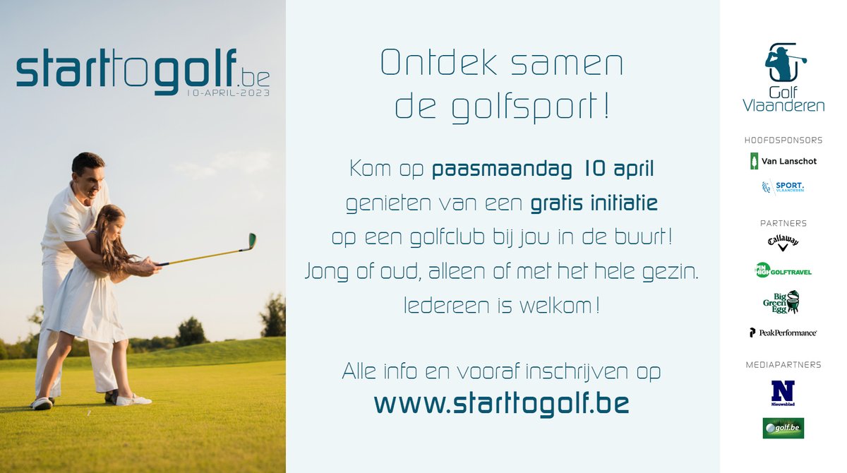 Dit jaar zetten meer dan 35 golfclubs hun deur open op 10 april! Nodig al je vrienden, familie en collega's uit voor een gratis kennismaking met de golfsport ⛳️#golfvlaanderen #starttogolf