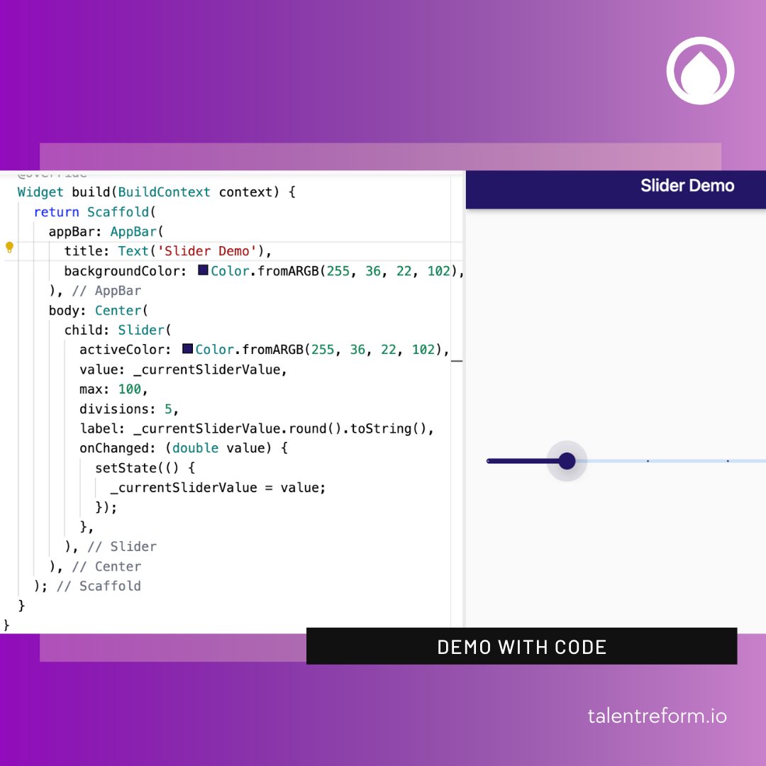 talentreform_'s tweet image. Check out the Slider widget from Flutter! This week&apos;s #FlutterWidgetOfTheWeek is all about giving users more control. By allowing them to slide to the exact value they want, your app can provide a more customized experience.

#flutter #dart #newmonth #techtips #vacancy #widgets