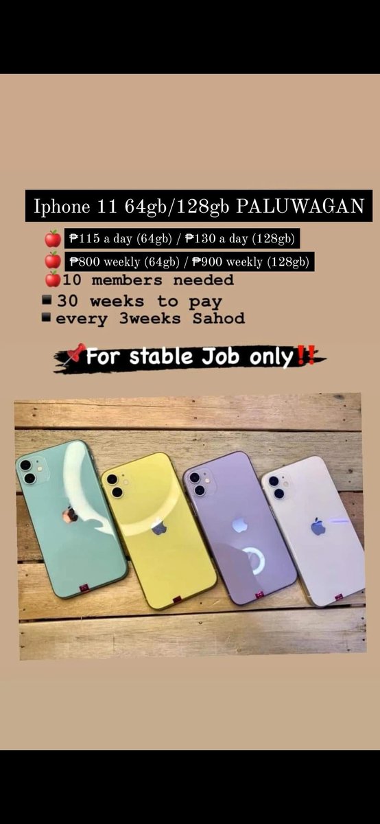 247picksPH's tweet photo. BATCH 7 IPHONE 11 64gb/128gb PALUWAGAN‼️

Looking for Iphone11 PALUWAGAN? Here are the things that you need to consider.

1. Requirements 
2. Stability Income
3. Great responsibility 

If you know that you have all these, hit us a message.

Available slot: 7,8,9,&amp;10 https://t.co/mlVt1SRMau