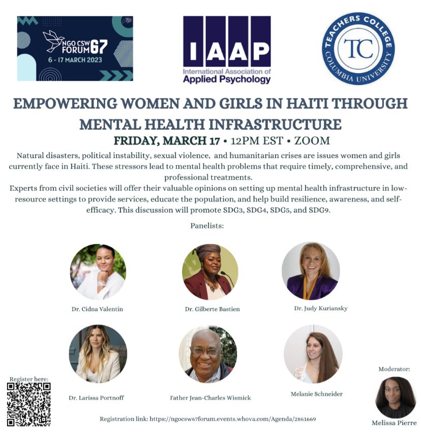 GilberteBastien's tweet photo. Honored to contribute to a parallel event for the UN CSW67 forum today. Speaking on the role of mental health in empowering women and girls in Haiti. Join us for the discussion and check out other sessions on this final day of the forum. 

https://t.co/IP2M7BLshp

#NGOCSW67 https://t.co/4KinAytHLk