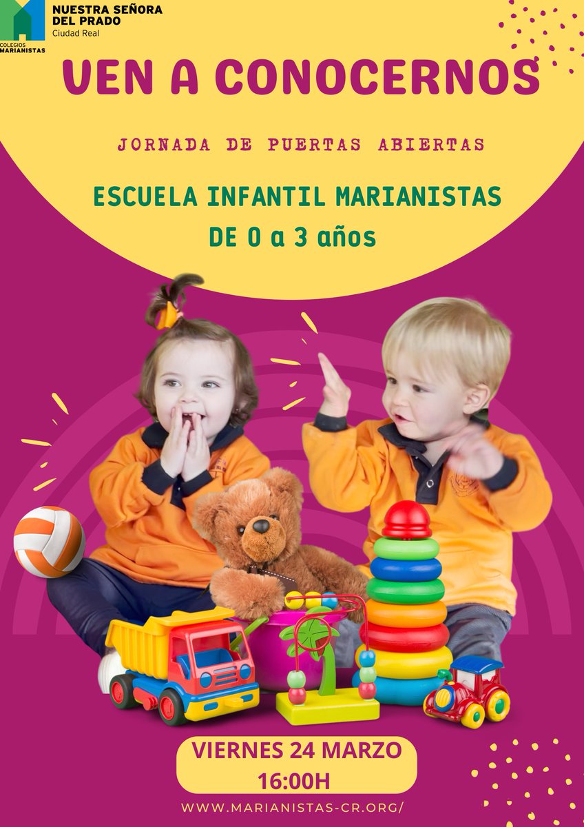 ⚠️Jornada de puertas abiertas - Escuela Infantil - Viernes 24 de marzo a las 16:00 h. ¡Ven a conocernos, te esperamos! ⚠️
🖋 Inscripciones en:  forms.gle/ezFFmmjc97PrC8…
#MarianistasCr #mewe #primerciclo