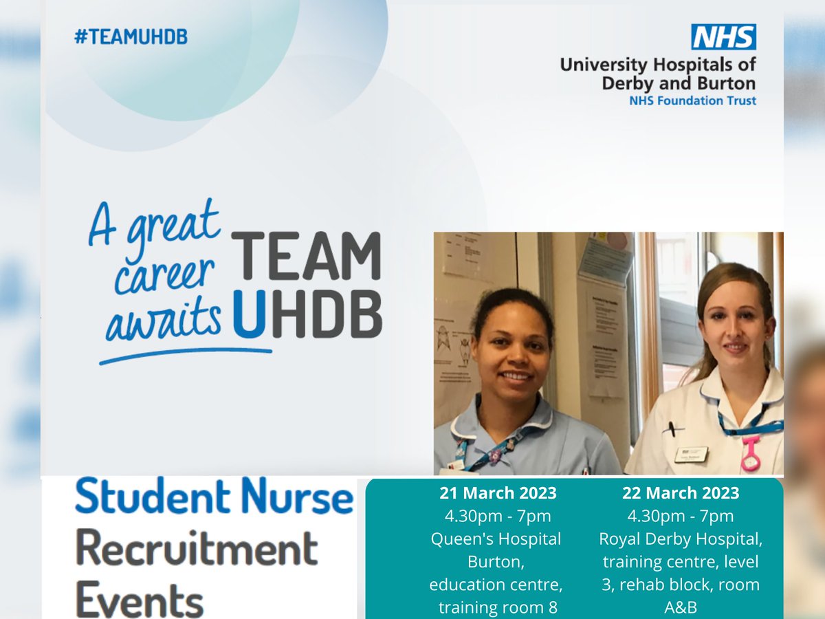 📣Calling all student nurses qualifying in September 2023. If you're wanting to find out more about #TeamUHDB, we are hosting two student nurse recruitment events next week. 

There will be colleagues there to discuss job opportunities at UHDB as a newly qualified nurse.   🏩