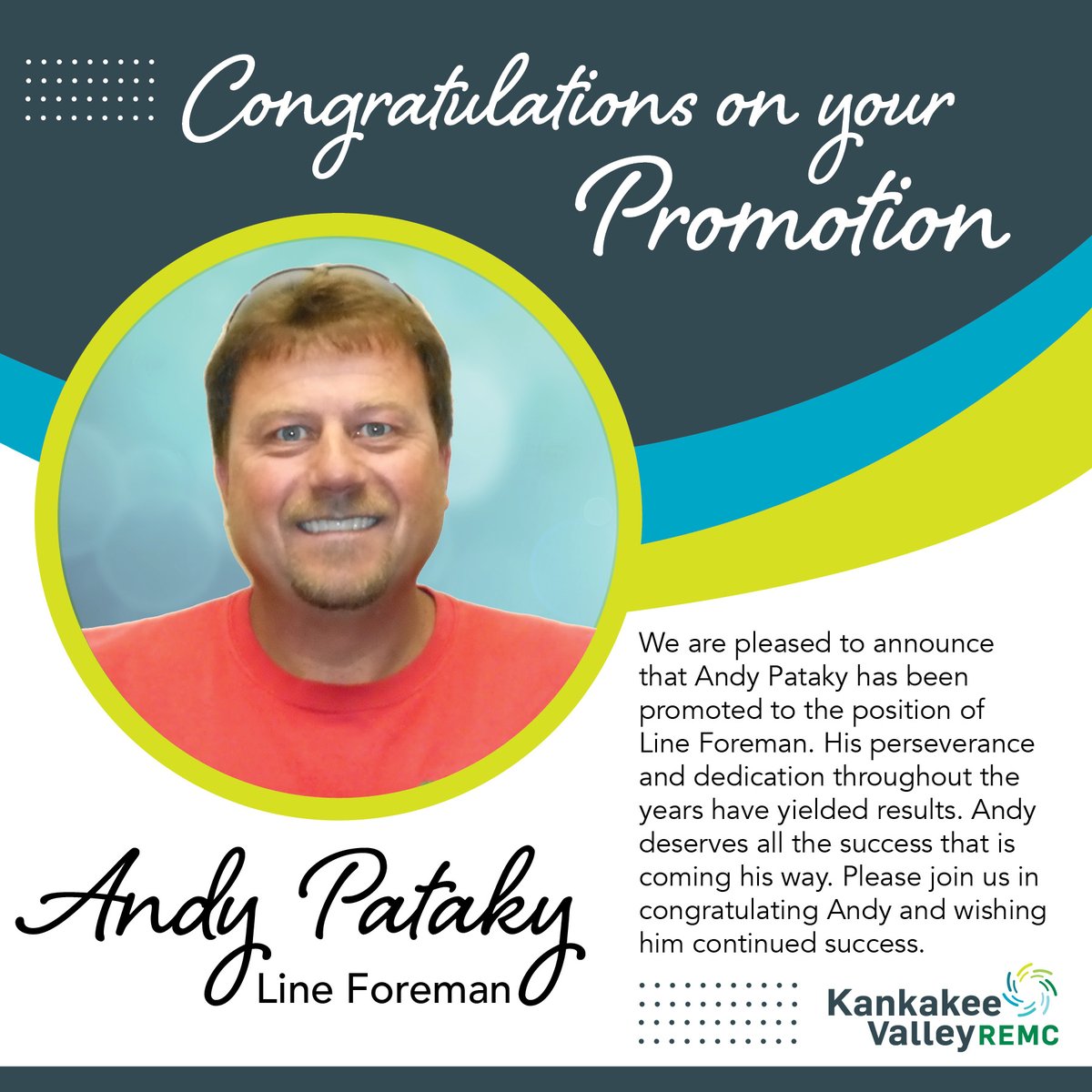 KVREMC's tweet photo. Andy Pataky is promoted to the position of Line Foreman. https://t.co/0Ja0dijqL1
