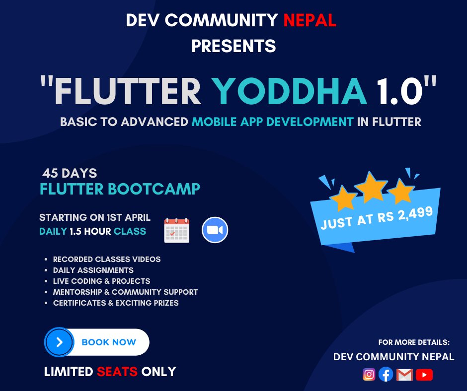 DEVCommunityNP's tweet image. 📢 Announcement: DEV Community Nepal is launching the 45 days Flutter Bootcamp as &quot;Flutter Yoddha 1.0&quot; starting from April 1st, and we can&apos;t wait for you to join us!
Flutter Yoddha 1.0 is a comprehensive training program that covers everything from the basics to advanced concepts