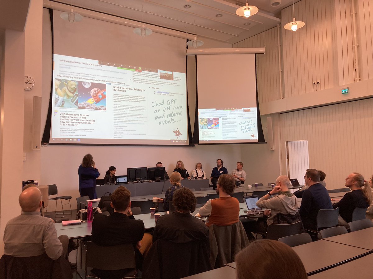 DayeiOh's tweet photo. As a final session of the #DataficationHSSH festival, Jaana Hallamaa, Petri Myllymäki, @objetpetitm Anna-Mari Rusanen, Arho Toikka joined for a panel discussion on generative AI (eg Chat GPT) and the university (chair: @epalonen) @HelsinkiHSSH https://t.co/gnndBsqjK6