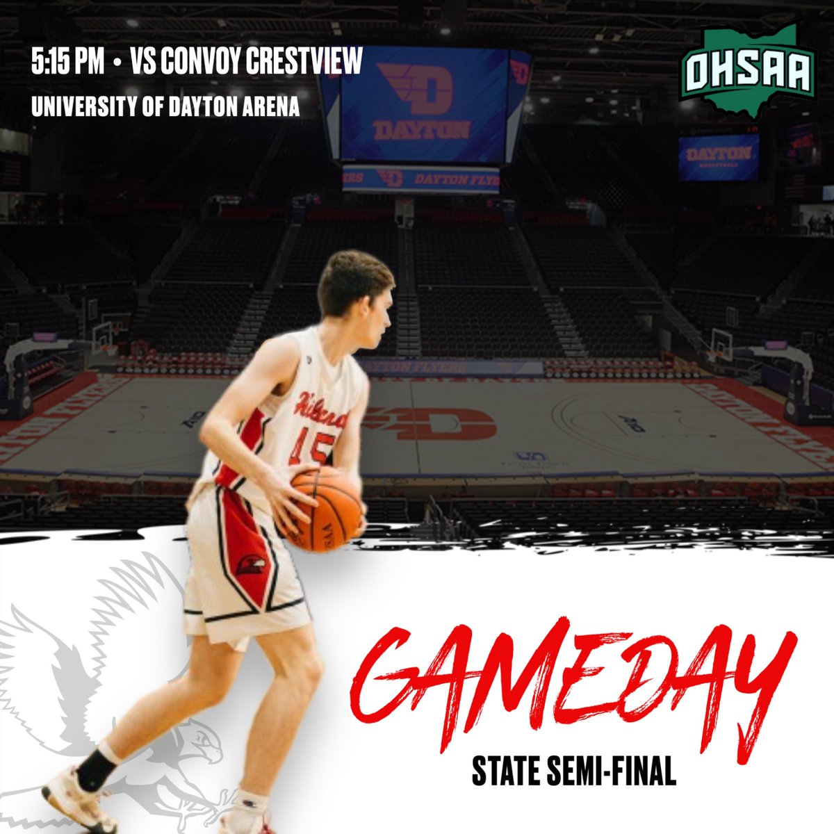 HilandAthletics's tweet photo. STATE SEMIFINAL ‼️🏀🦅

⌚️ 5:15pm

🆚 Convoy Crestview 

📍University of Dayton Arena

Good luck to Mark Schlabach &amp; the Hawks!! 

#GoHawks 🦅 https://t.co/eYzAhWWv6W