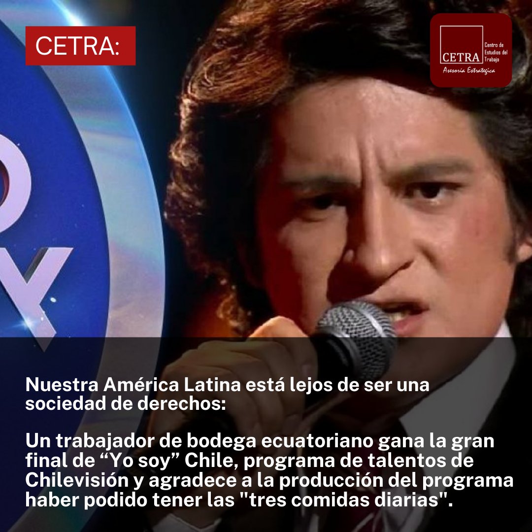 Cetra_Trabajo's tweet photo. 🔴CETRA: Nuestra América Latina está muy lejos de ser una sociedad de derechos:
⚠️Lo que no sale en las noticias: Trabajador ecuatoriano gana #FinalYoSoy de @chilevision y agradece a la producción del programa haber podido acceder a las tres comidas diarias.
#yosoychv https://t.co/ySNRmqsssX