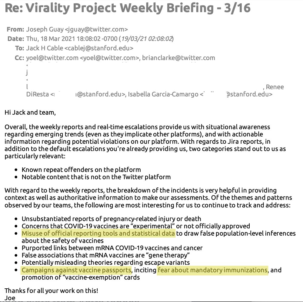 17.By March of 2021, Twitter personnel were aping VP language, describing 'campaigns against vaccine passports,' 'fear of mandatory immunizations,' and 'misuse of official reporting tools' as 'potential violations.'