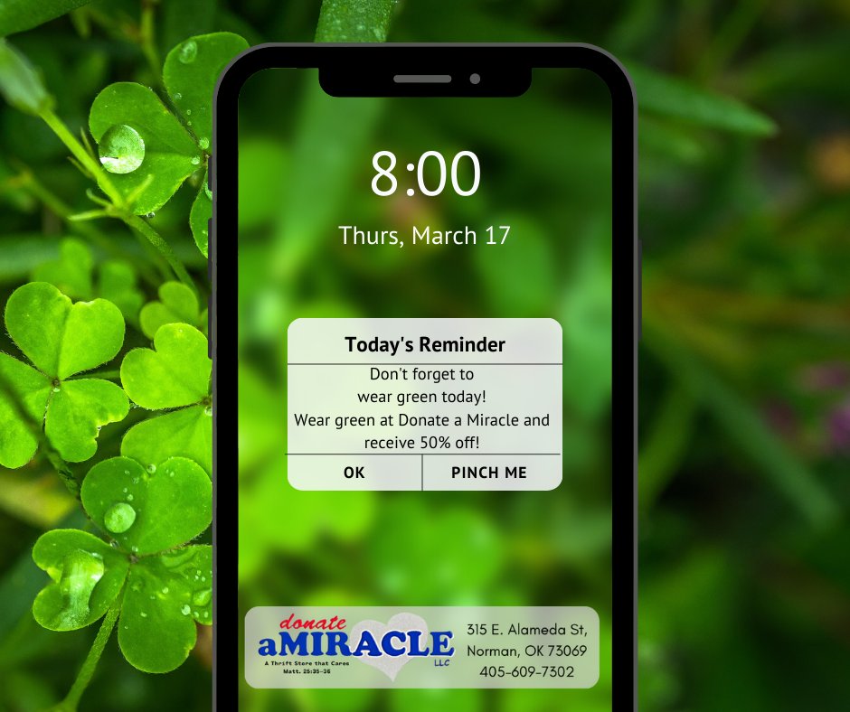 donateamiracle's tweet photo. Come show us your gram and receive 50% off, today only! 🍀☘️

#stpatricksday #donateamiracle #donateamiraclethrift #normansales #normanok #keepitlocal #keepitlocalok #boomersooner #oklahoma #thrifting #thriftstore #thriftshop #okies #shopnorman https://t.co/ALA5pmtuSV