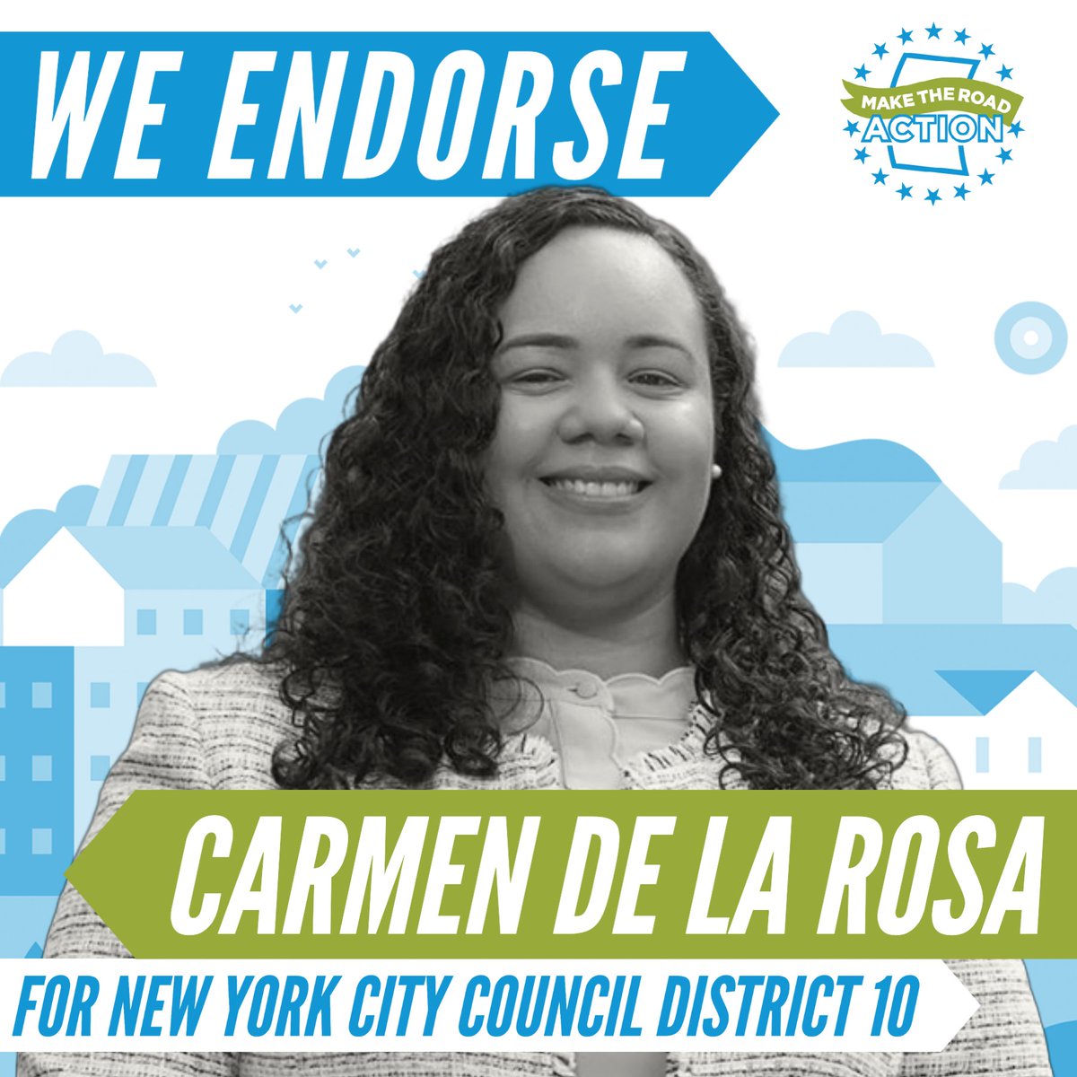 MakeRoadActNY's tweet photo. We are PROUD to endorse @CarmenForNYC Council District 10!

Carmen is a fierce leader and champion for immigrant, Black, &amp; brown NYers. 

She delivers for our communities, as she’s done passing the #NYDreamAct &amp; championing the fight to #FundExcludedWorkers. https://t.co/BTsrAQsdUG