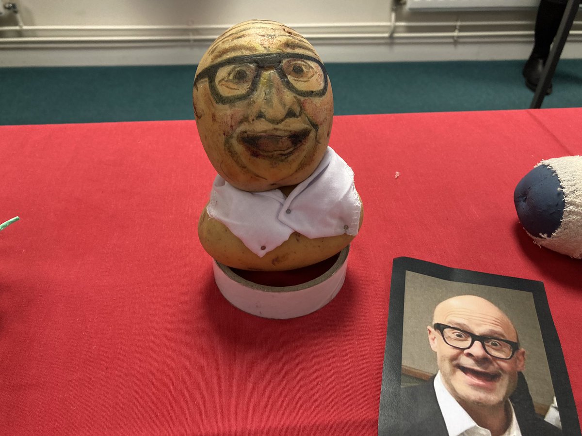 Awesome effort from work for #RedNoseDay with decorated potatoes. And the winner is <a href="/HarryHill/">Harry Hill</a> , a terrifying likeness!