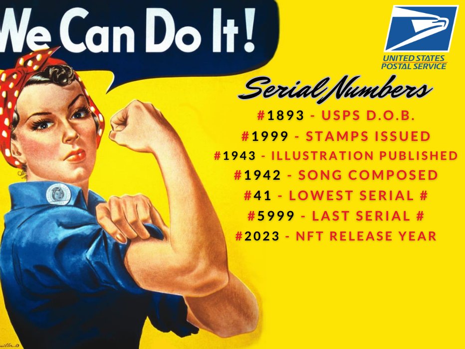 OG_Vault's tweet photo. Today, Rosie the Riveter hits VeVe in the form of Digital Collectibles licensed by the US Post Office! These US Postal Service licensed NFTs retail for 6 gems each. Good luck!
Here are the serial numbers to look for:
#VeVe #VeVeFam #USPS #NFTs https://t.co/18qCrmzn5J