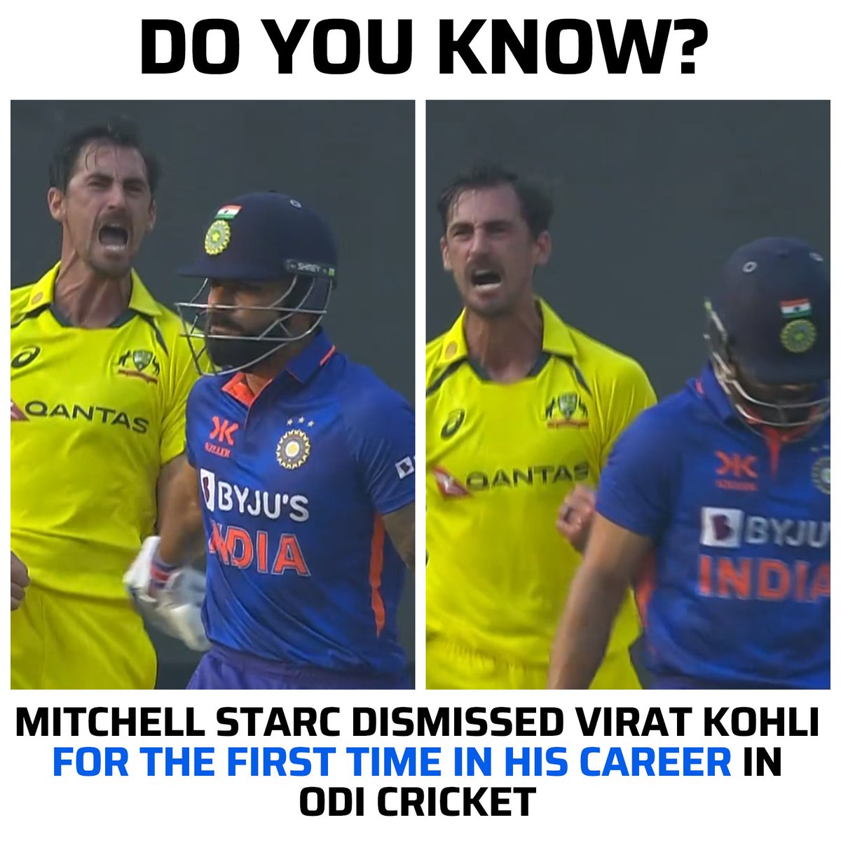 Cricketracker's tweet photo. ❌2010
❌2012
❌2019
❌2020
✅2023

Finally, for the first time in ODIs, Mitchell Starc picked Virat Kohli's wicket.

📸: Disney + Hotstar https://t.co/AUMPNC7qxa