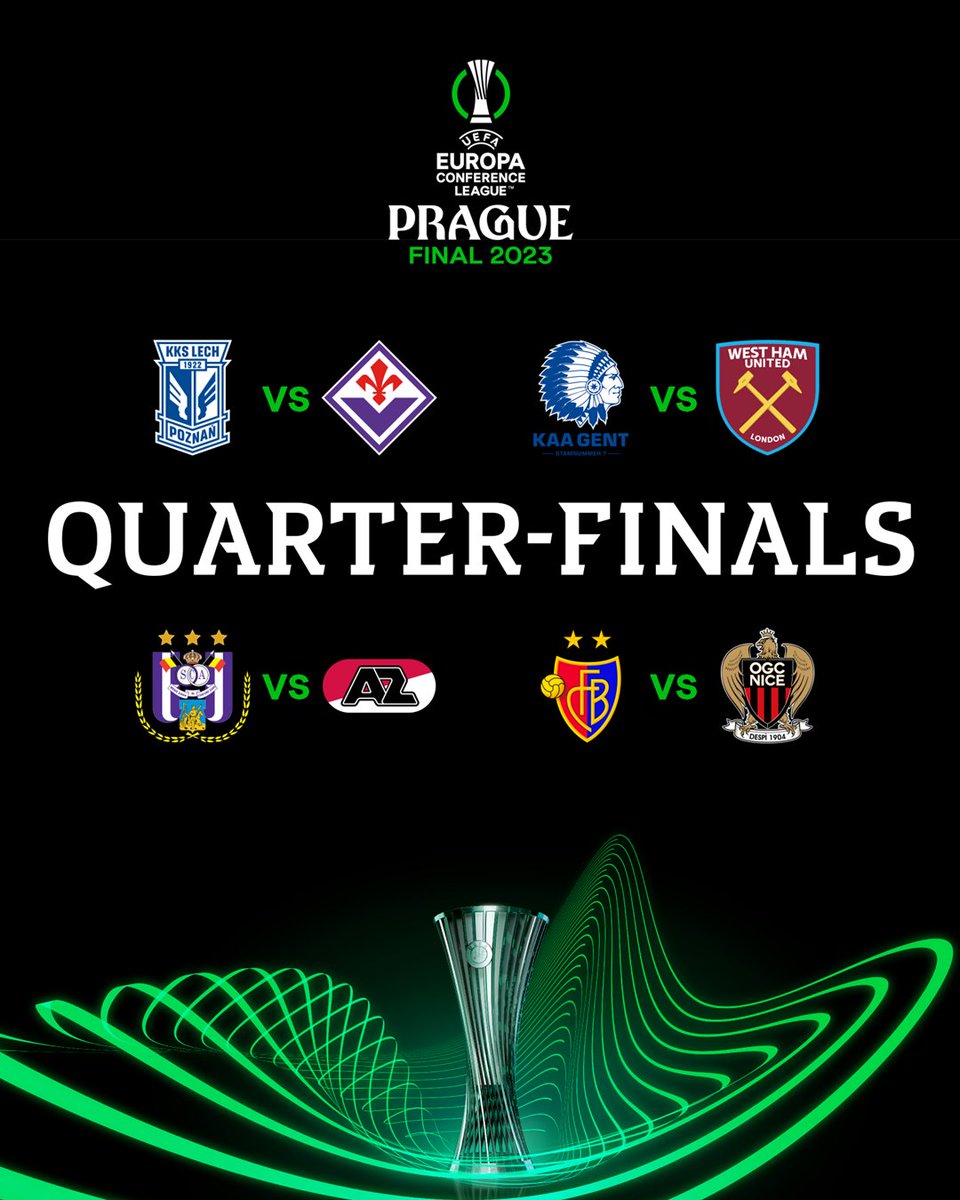 The quarter-finals are set 😍

🇵🇱 Lech vs Fiorentina 🇮🇹
🇧🇪 Gent vs West Ham 🏴󠁧󠁢󠁥󠁮󠁧󠁿
🇧🇪 Anderlecht vs AZ Alkmaar 🇳🇱
🇨🇭 Basel vs Nice 🇫🇷

*RSC Anderlecht's match has been reversed in accordance with the principles set by the Club Competitions Committee. 

#UECLdraw