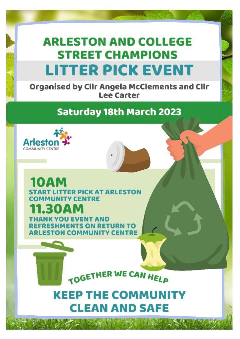 Litter Picking Event 

Don't forget that tomorrow is the "Arleston &amp; College Litter Pick Event"

We hope to see as many of our street champions taking part. 

Join us at Arleston Community Centre at 11:30am as one of our street champions will receive a very special award