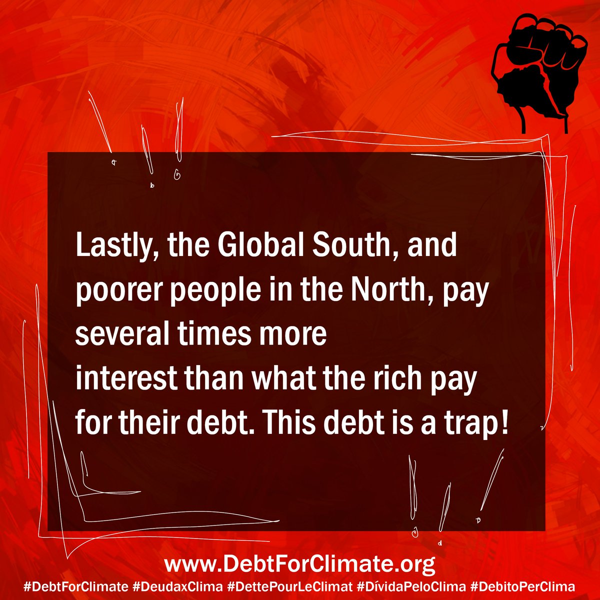 5/5 💯Lastly, the Global South, and poorer people in the North, pay several times more interest than what the rich pay for their debt. This debt is a trap! #DebtForClimate #DeudaXClima