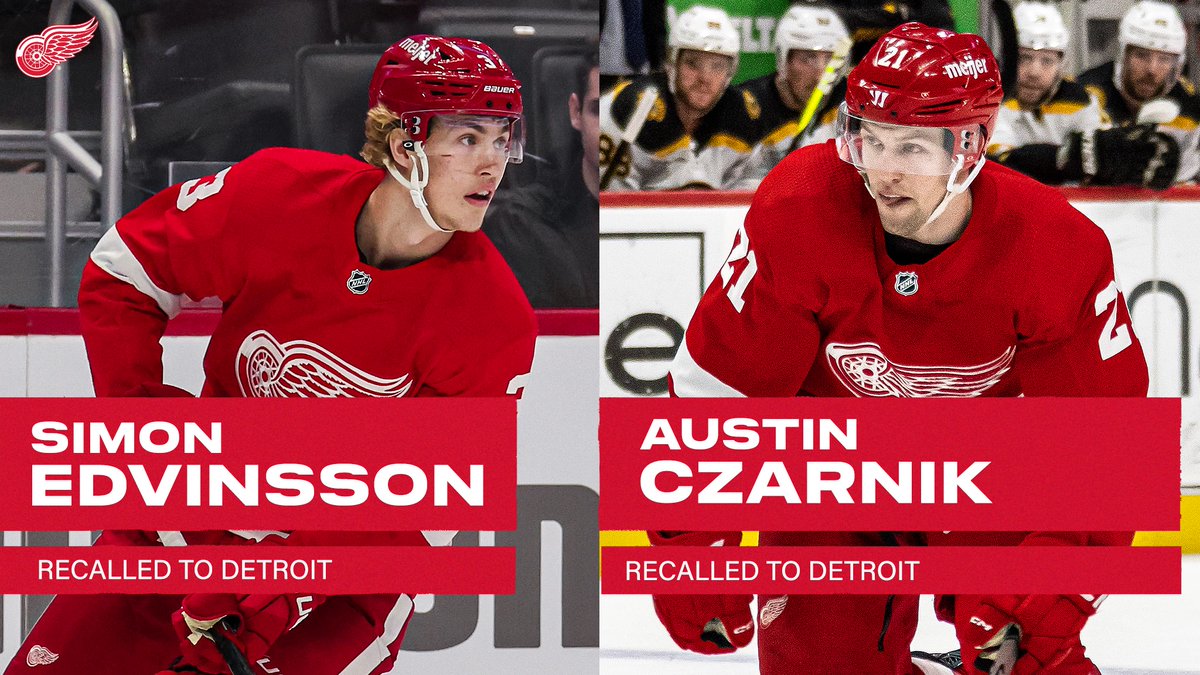 DetroitRedWings's tweet photo. UPDATE: The Detroit #RedWings today recalled center Austin Czarnik and defenseman Simon Edvinsson from the AHL’s Grand Rapids Griffins under emergency conditions.
Details: https://t.co/mCmKEUrBuI https://t.co/LkAKagXj6g