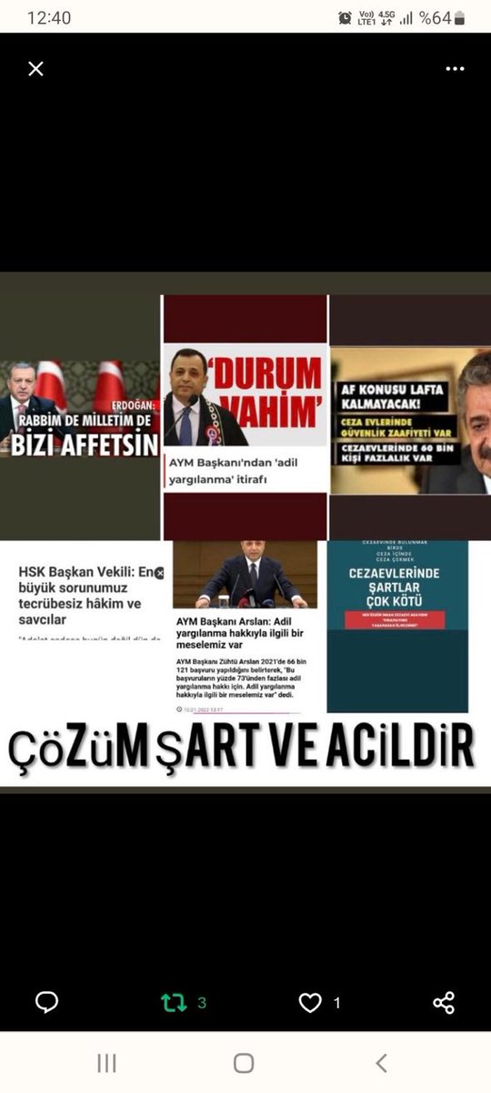 AYM Başkanı 
Zühtü Arslan "Endişe Verici" diyerek 
Yargıdaki vahim tabloyu açıkladı
Adil yargılanma hak ihlali %77
Cezaevindeki her 3 kişiden 2 si suçsuz 
Hal böyle iken en gerekli olan Genel Aftır Affet Türkiyem 
<a href="/RTErdogan/">Recep Tayyip Erdoğan</a> <a href="/Akparti/">AK Parti</a> <a href="/dbdevletbahceli/">Devlet Bahçeli</a> <a href="/MHP_Bilgi/">MHP</a> <a href="/kilicdarogluk/">Kemal Kılıçdaroğlu</a>