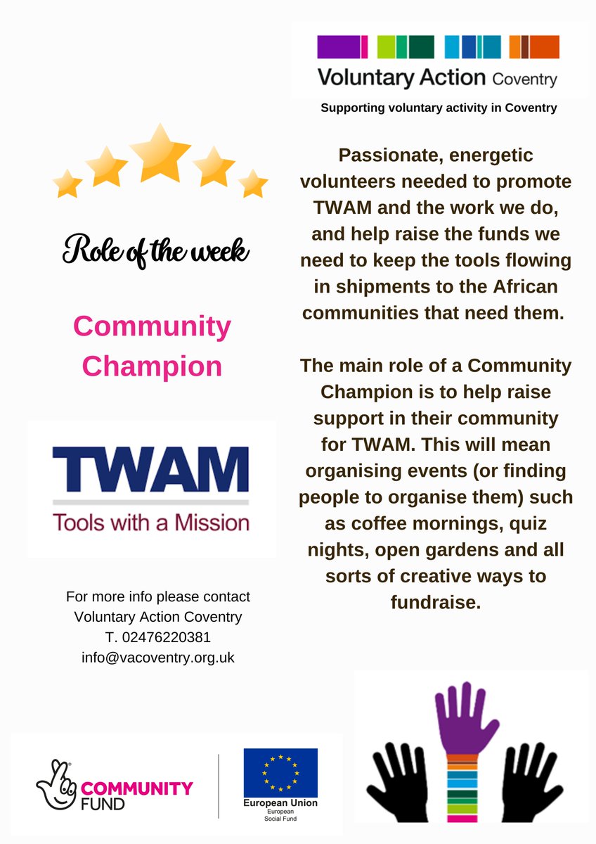 VACoventry's tweet photo. #roleoftheweek @twam_uk are looking for a #volunteer #community #champion to raise support and awareness of their work. Find out more &amp; apply https://t.co/oS5bpw8aZv https://t.co/zqkogvQ1Pf