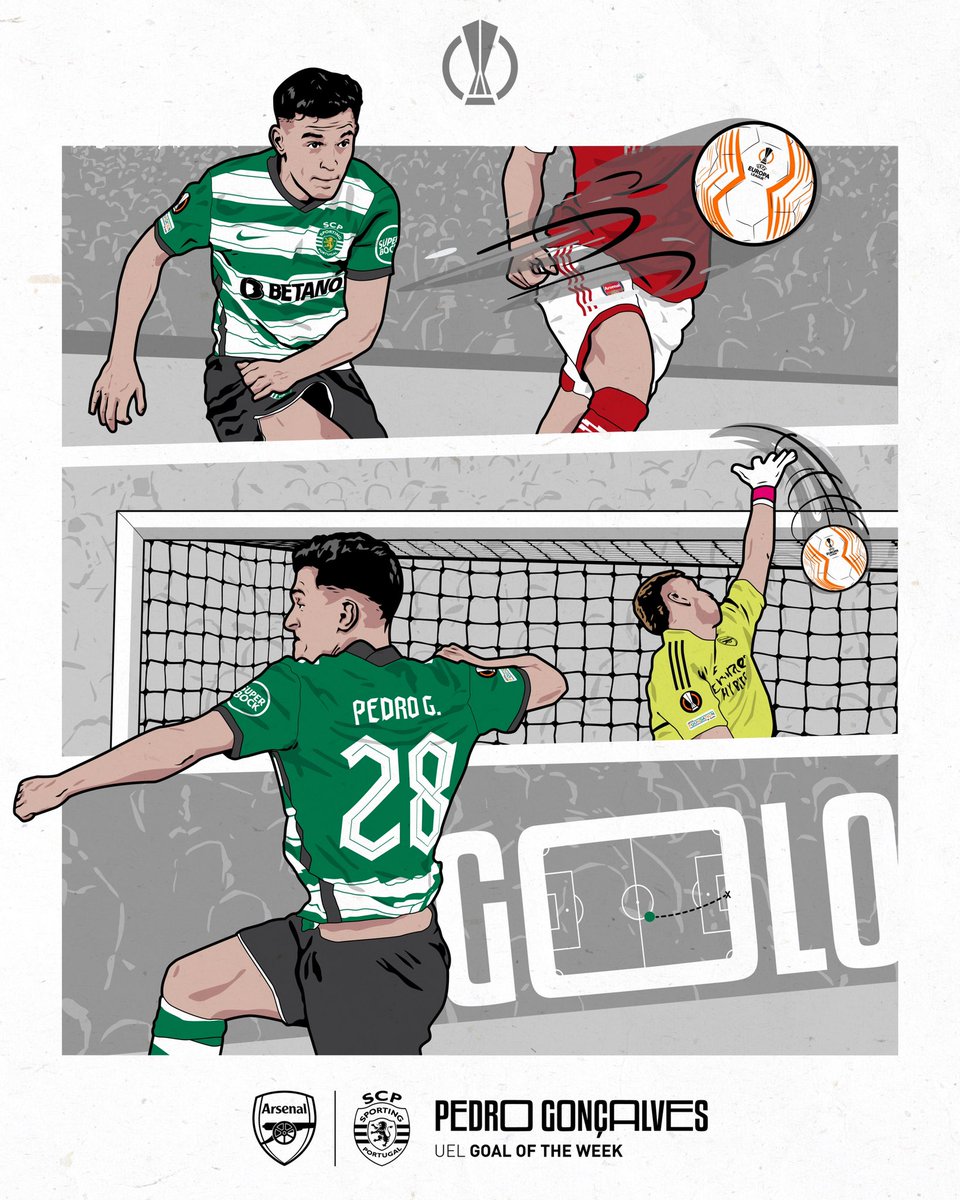 SportingCP's tweet photo. O golo que não nos sai da memória foi considerado o 𝙂𝙤𝙖𝙡 𝙤𝙛 𝙏𝙝𝙚 𝙒𝙚𝙚𝙠 da @EuropaLeague 😍

Pedro Gonçalves 👏 
#SportingCP #UEL https://t.co/rl6epBo5FI