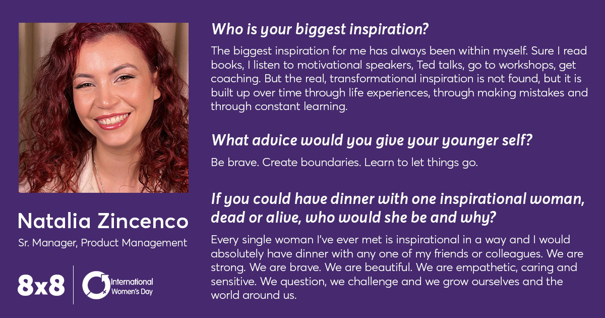 8x8's tweet photo. To continue our celebration of #WomensHistoryMonth, we want to introduce you to Natalia Zincenco, Sr. Manager of Product Management. She has worked at 8x8 since January 2020, and we love having her on team 8x8.
Get to know her here!
#Lifeat8x8 #WomensHistoryMonth2023 https://t.co/gASEMzR1LO