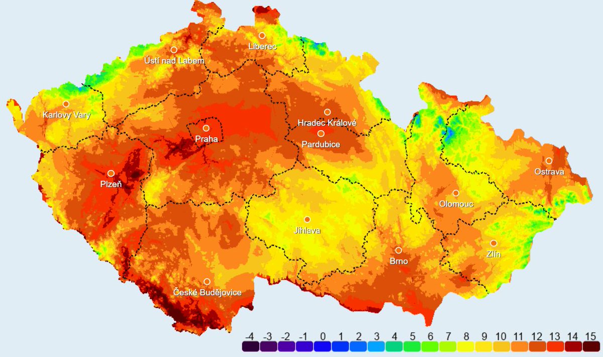 Teplotní mapa republiky ve 14.30 hod, nejnižší 
teplota +2 st, nejvyšší +15 st #počasí