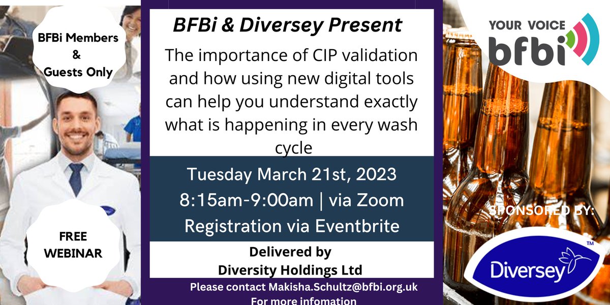 BFBi (@bfbi1907) on Twitter photo WEBINAR REMINDER! 21st Mar 8.15am via Zoom.
BFBi & Diversey present - the importance of CIP validation and how using new digital tools can help you understand exactly what is happening in every wash cycle.
Contact Makisha.Schultz@bfbi.org,uk for more info. WEBINAR REMINDER! 21st Mar 8.15am via Zoom.
BFBi & Diversey present - the importance of CIP validation and how using new digital tools can help you understand exactly what is happening in every wash cycle.
Contact Makisha.Schultz@bfbi.org,uk for more info.