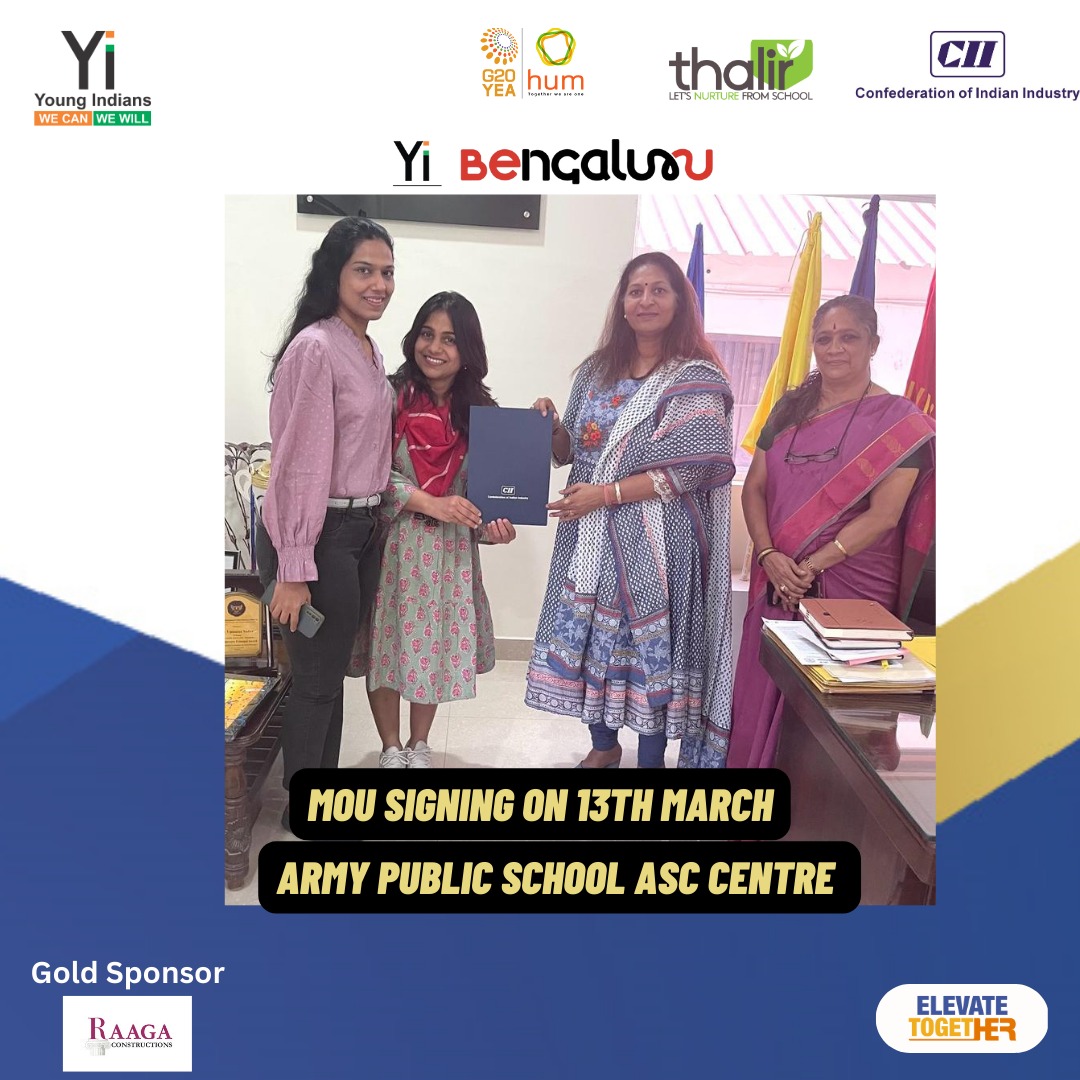 #CII #YiBengaluru Thalir vertical has signed a Memorandum of Understanding (MoU) with Army Public School,Bangalore. This collaboration is set to create a positive impact on 2000 students with the Yi initiatives. #YouthLeadership #HUM #ToGetherWeAreOne #Students #Youth #Schools