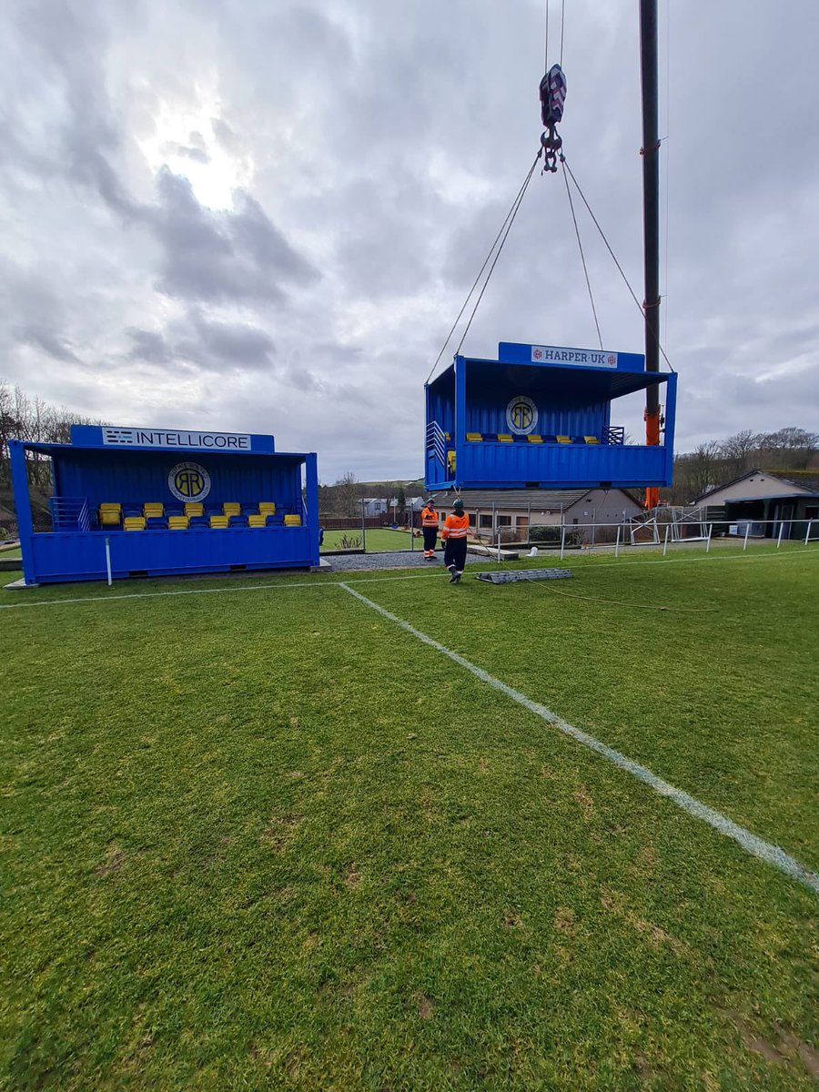 RothieRovers's tweet photo. 💛Stand Update💙
There’s been a lot of hard work this morning and we’re delighted with the safe arrival of both container stands!! We think they look great. A lot of thank you’s to go out, but we will do that separately. #monihrovers https://t.co/naWyNStILo