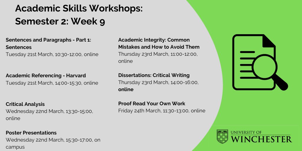 Step into Spring with some more great workshops designed to help you with your assignments and dissertations. For more information and to book a place, please go to the Student Academic Support intranet page: 'Workshops and Resources'. We hope to see you in a workshop soon!