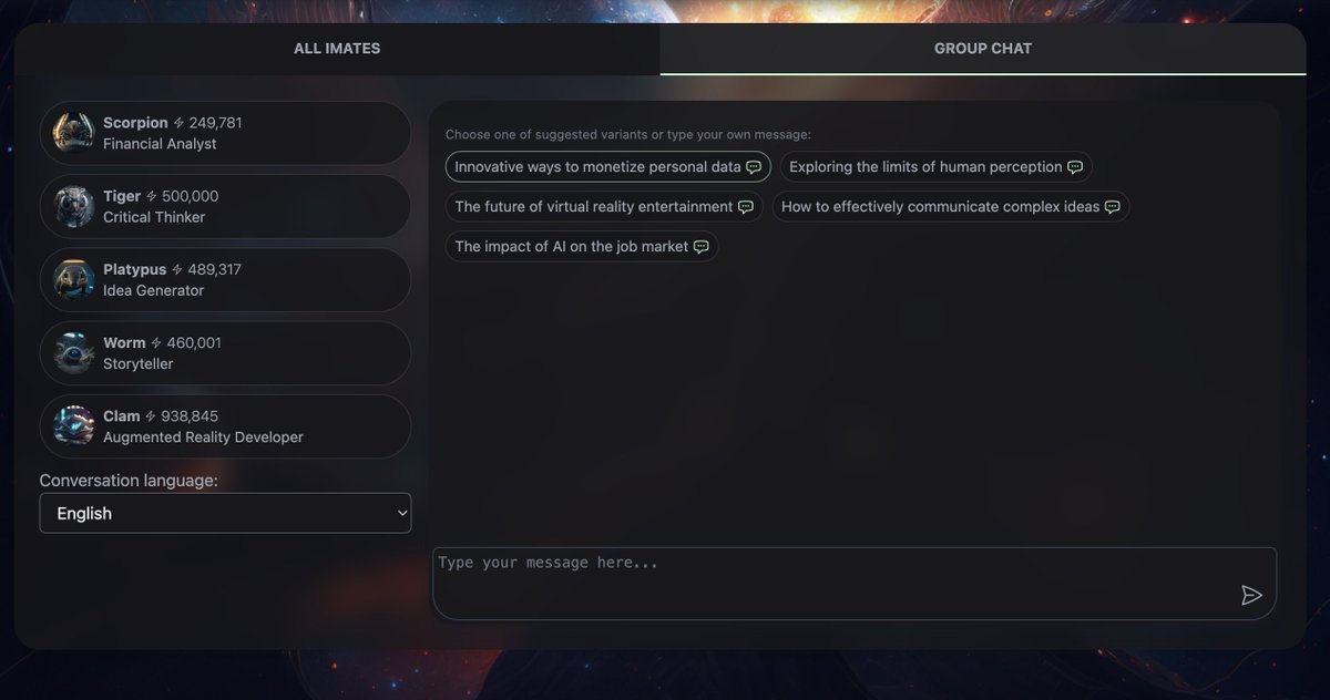 iMateWorld's tweet photo. 👋 Ok group chat was just released at @iMateWorld . 🎉
Now everybody who have 2 or more #iMates can choose professions for their iMates and experiment.
#ChatGPT #GPT #AI #NFT https://t.co/JsYnhfzaVp