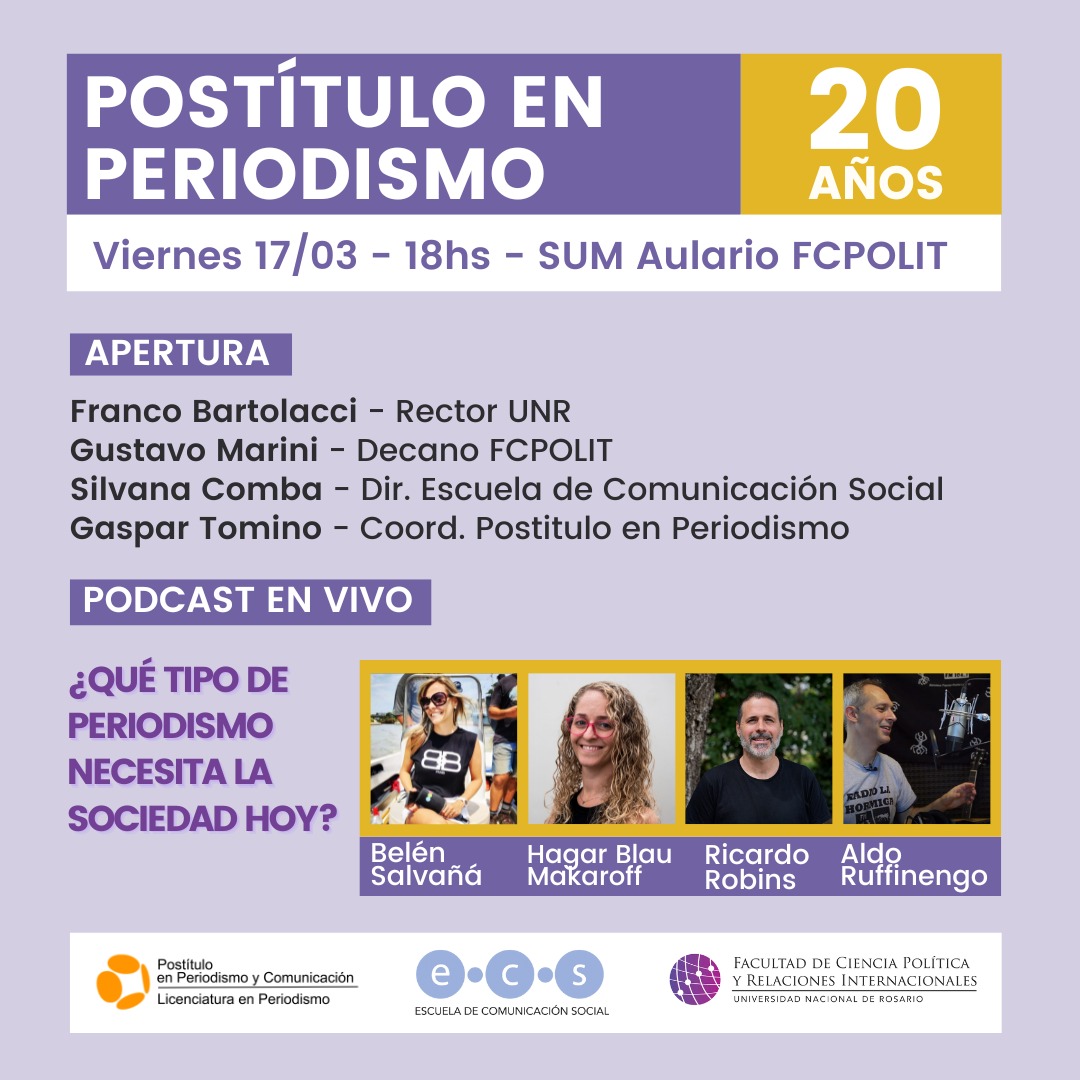 FCPolitUNR's tweet photo. 🥰🥰¡Es hoy! ¡Es hoy! Junto a la #EscueladeComunicacionSocial celebramos los 20 años del #postitulo 🎉🎉

Los/as esperamos! 💜 https://t.co/yICMbqBs1A