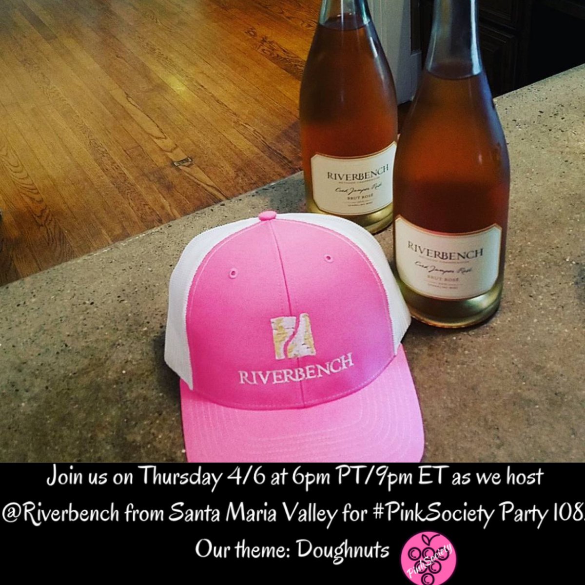 Please send in your doughnut photos, bonus points if it’s with wine. Join us on Thursday 4/6 at 6pm PT/9pm ET as we host <a href="/Riverbench/">Riverbench Vineyard & Winery</a> from Santa Maria Valley for #PinkSociety Party 108. Our theme: Doughnuts <a href="/boozychef/">boozychef</a> <a href="/jflorez/">Joe Florez</a> <a href="/Kerryloves2trvl/">Kerry</a> <a href="/SipWatchTweet/">Rose R Perry, JD</a> <a href="/SideHustleWino/">Cathie | Side Hustle Wino</a>