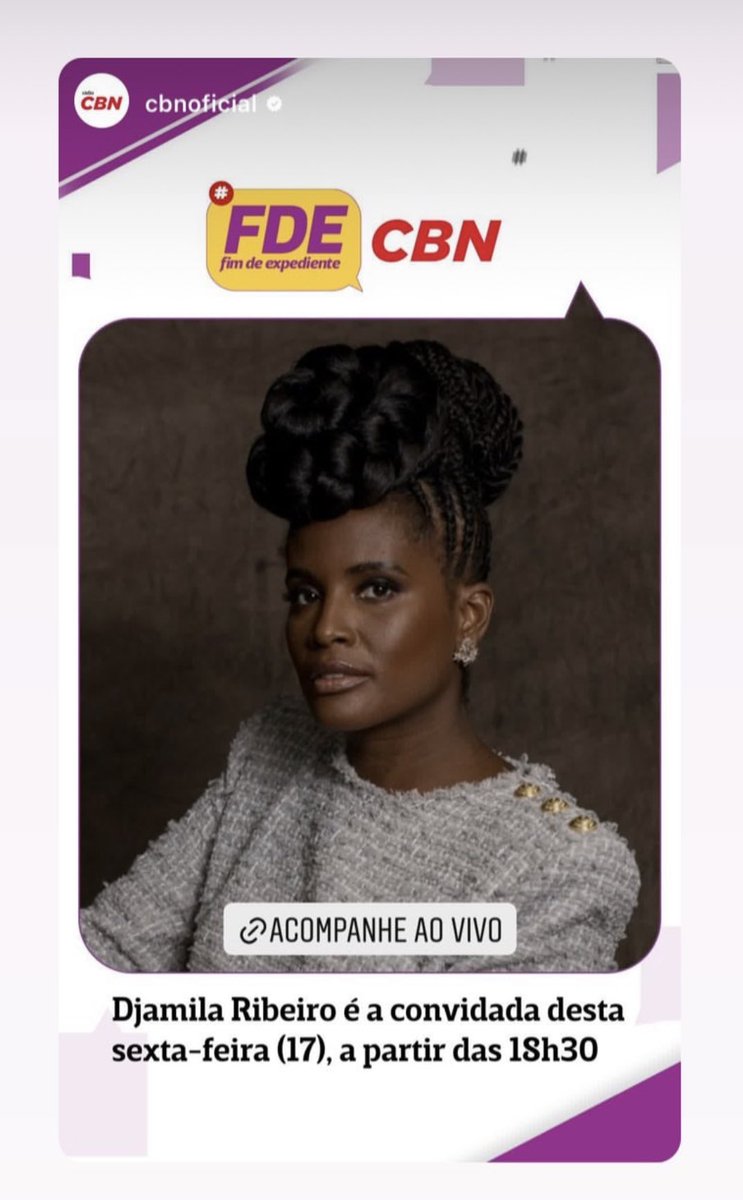 ClubeFDE's tweet photo. Hoje, 18h30 na @CBNoficial @YouTubeBrasil e @globoplay receberemos @fdecbn a convidada Djamila Ribeiro, filósofa  e ativista, colunista da Folha de São Paulo, é uma das principais vozes dos movimentos negros e feminista. #FDE #CBN https://t.co/fxiufyCcFh