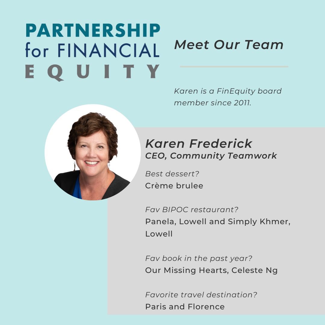 Fin_Equity's tweet photo. Karen is CEO of @Comm_Team, the community action and regional nonprofit serving Greater Lowell and much of Middlesex and Essex Counties. From homelessness to homeownership; Head Start to small biz development, Karen and team cover all of that and more. #FinEquityFriday #mapoli https://t.co/Wdza5ctQVi